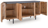 Open doors of Quintavious Accent Cabinet showing shelves