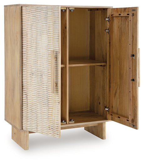 Open Dallinbury Accent Cabinet showing two fixed shelves