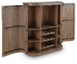 Landermont Bar Cabinet side angle view open with glass and bottles