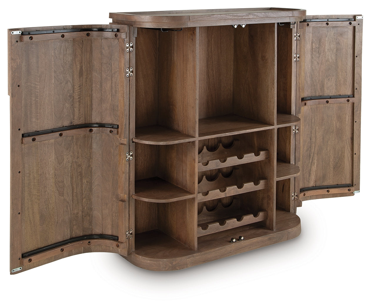 Landermont Bar Cabinet side angle view open with glass and bottles