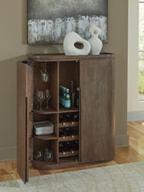 Interior storage of Landermont Bar Cabinet with wine bottle and glass holders