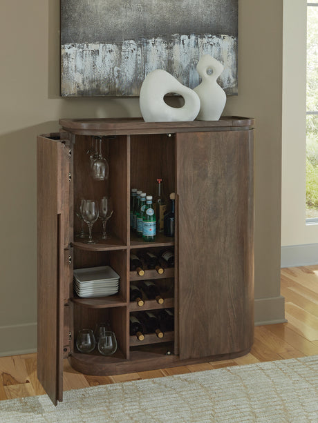 Interior storage of Landermont Bar Cabinet with wine bottle and glass holders