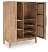 Pellamour Bar Cabinet angled side view open doors showing shelves
