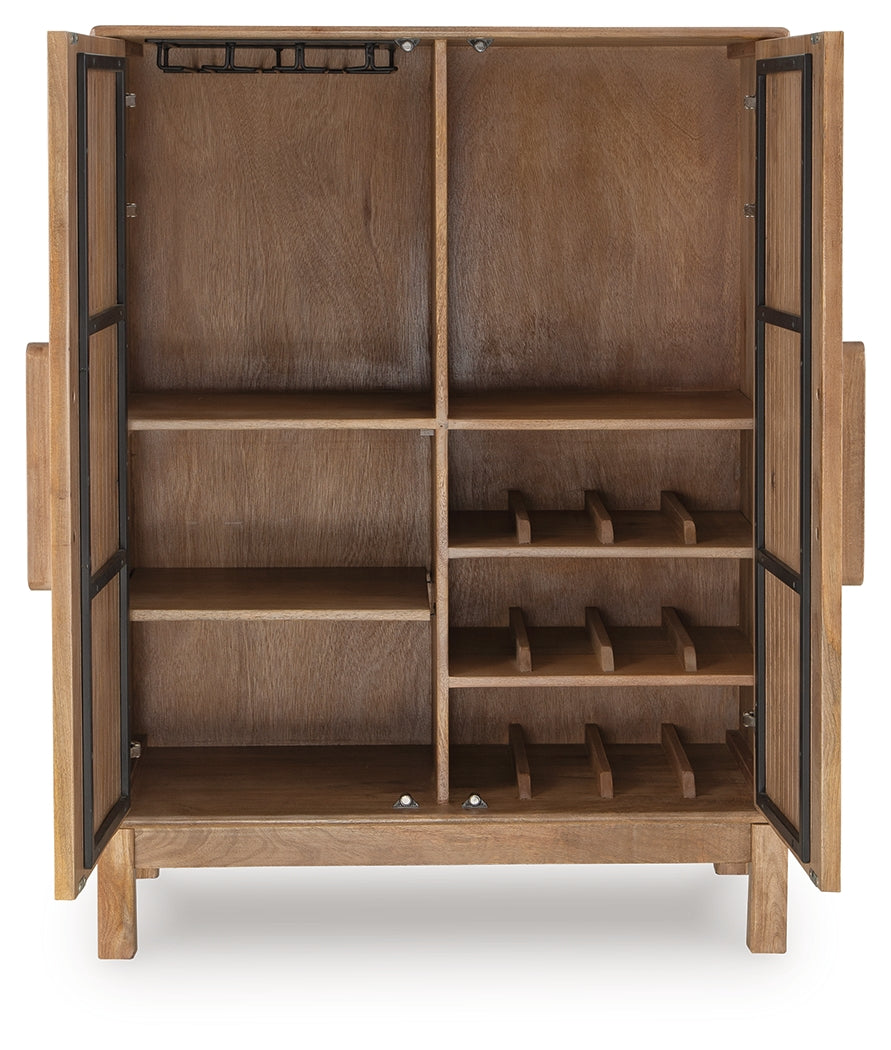 Pellamour Bar Cabinet head-on open doors showing organized storage