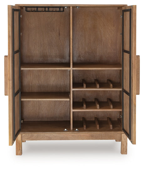 Pellamour Bar Cabinet head-on open doors showing organized storage