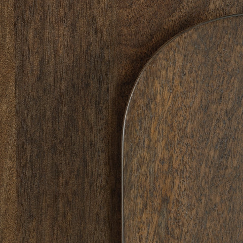 Detail of medium brown mango wood finish on Thoren Accent Cabinet