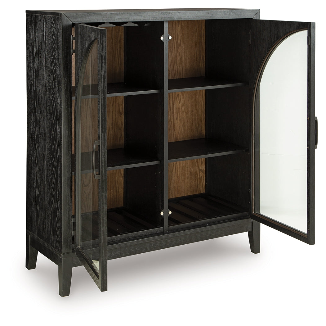 Interior view of Armenleigh Cabinet showing open doors with wine racks and glass racks