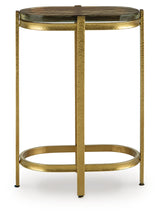 Close-up of Porterville accent table glass top and goldtone metal base