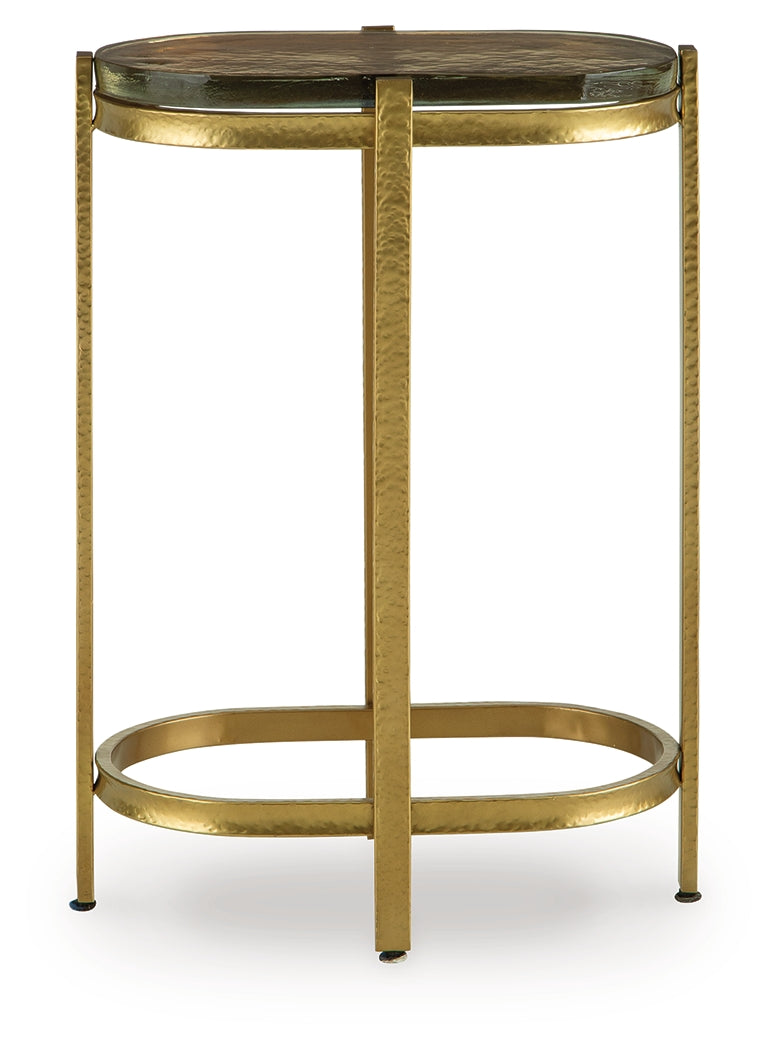 Close-up of Porterville accent table glass top and goldtone metal base