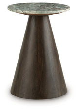 Waltnor accent table side profile showing wood base