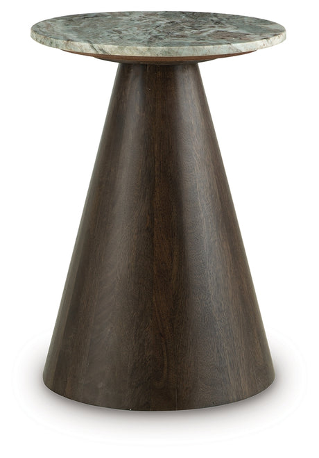 Waltnor accent table side profile showing wood base