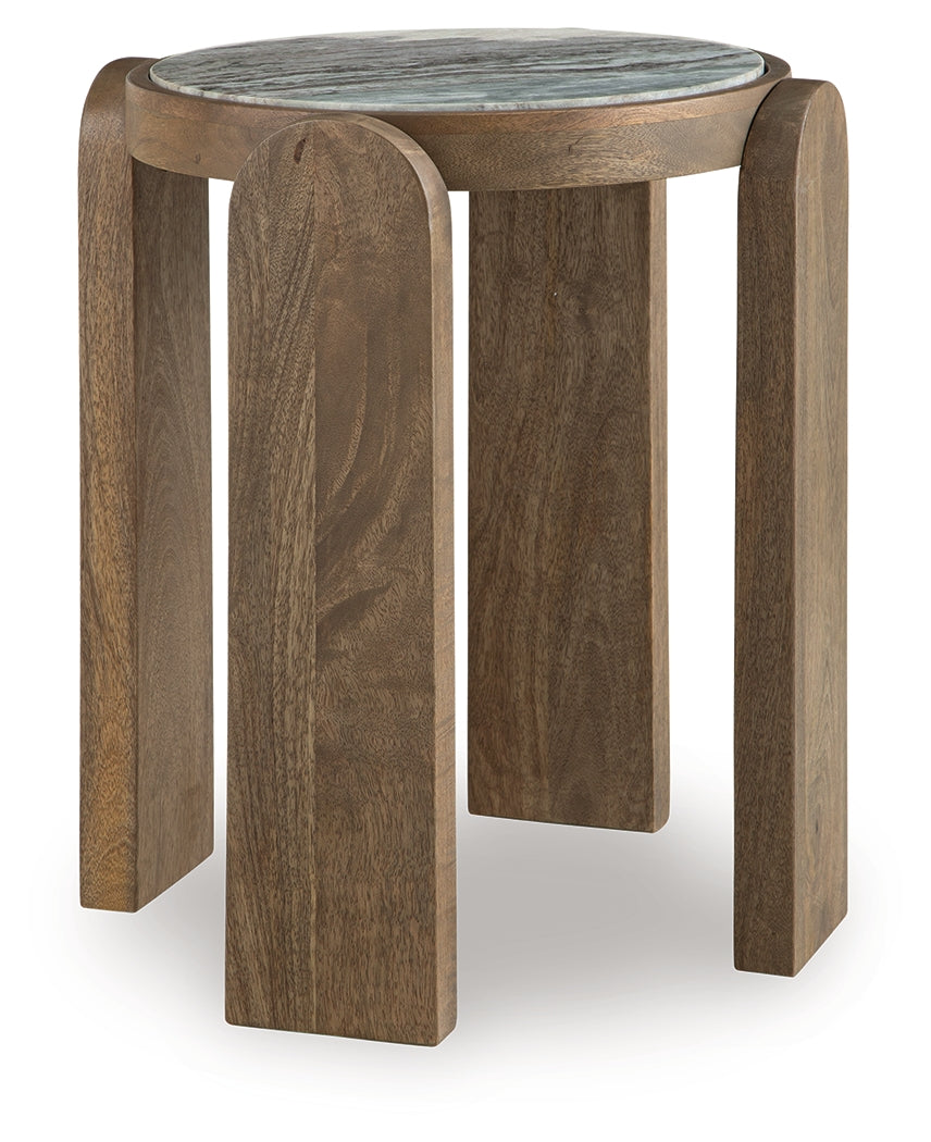 Gavrilley accent table side view showing arched leg design