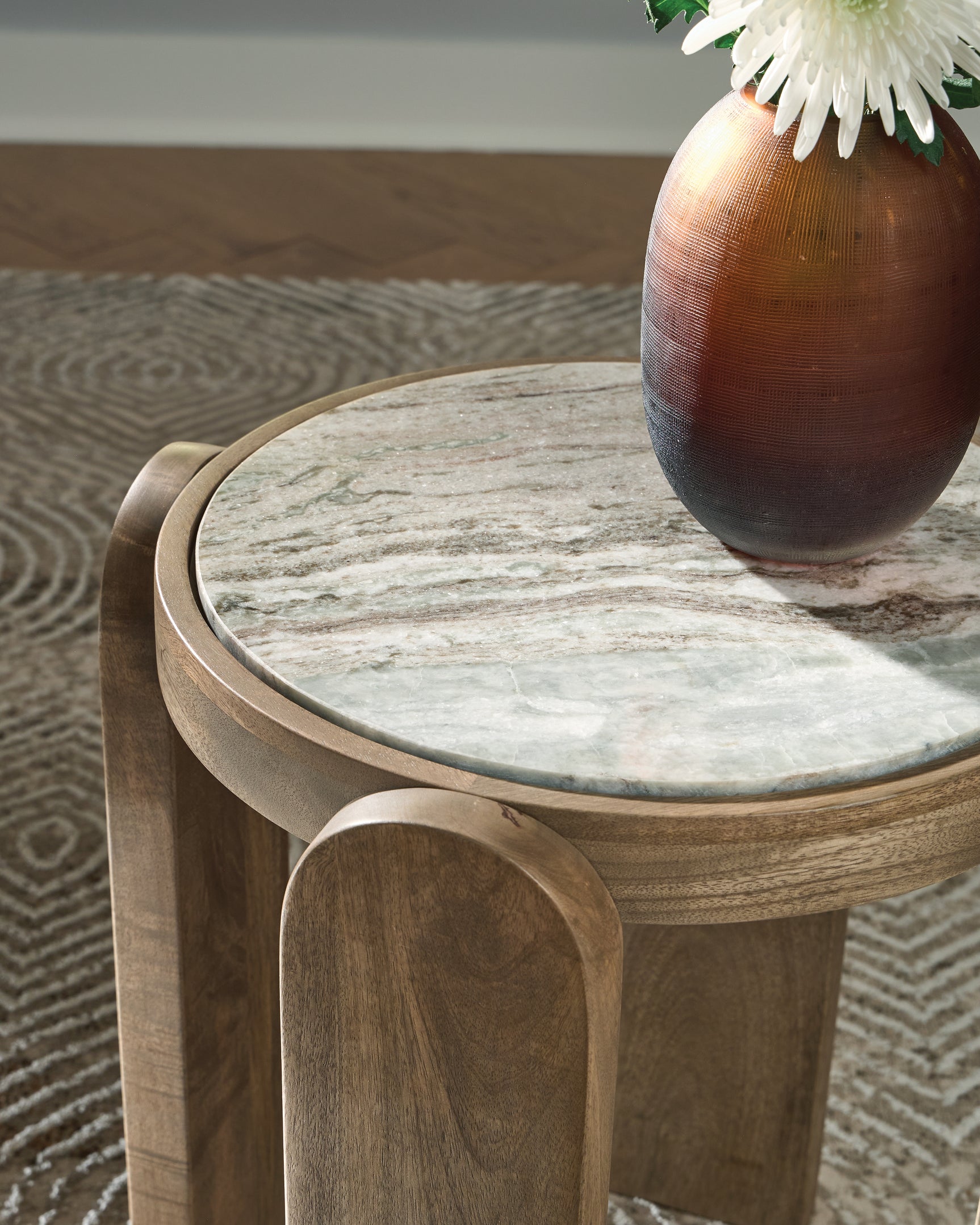 Close-up of marble top showing natural veining and texture