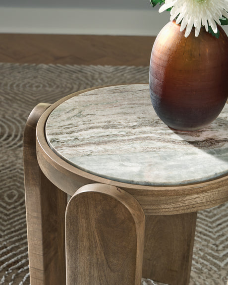 Close-up of marble top showing natural veining and texture