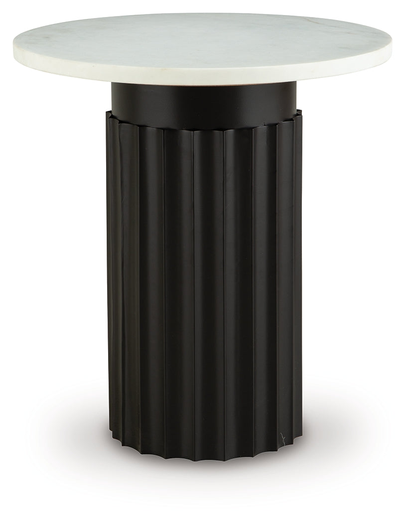 Side angle of Wainstone accent table showing fluted black metal base