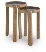 Close-up of Jossor mango wood frame and light brown glass tabletop detail