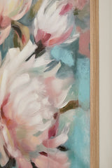 Close-up detail of hand-painted pink florals on aqua background