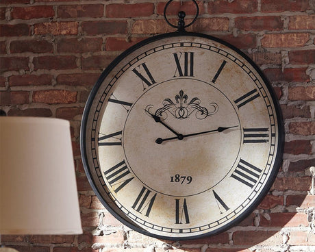 Augustina Antique Black Wall Clock front view showing Roman numerals and pendulum