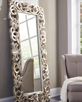 Lucia Antique Silver Floor Mirror angled view showing ornate frame