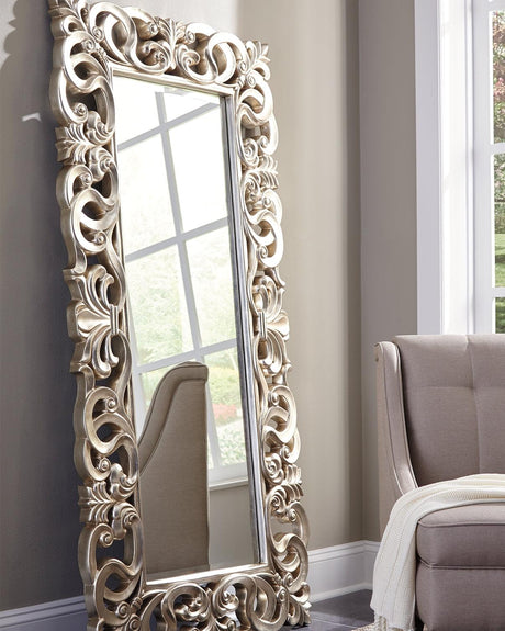 Lucia Antique Silver Floor Mirror angled view showing ornate frame