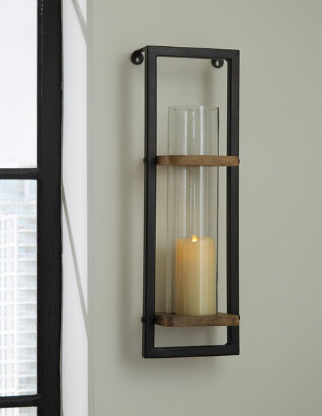 Colburn Wall Sconce with natural wood and black metal, front angle