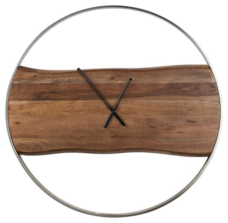 Close-up of Panchali clock silver hands and wood texture