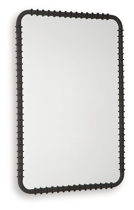 Close-up of ribbed black metal frame of Judlow mirror