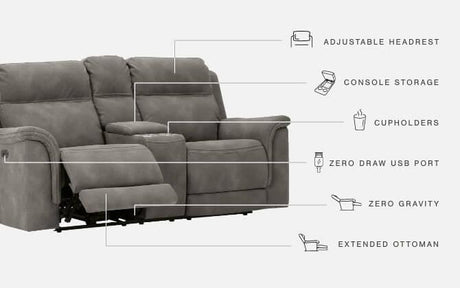 Next-Gen Durapella Slate Microfiber Power Reclining Loveseat with Console, adjustable headrest detail