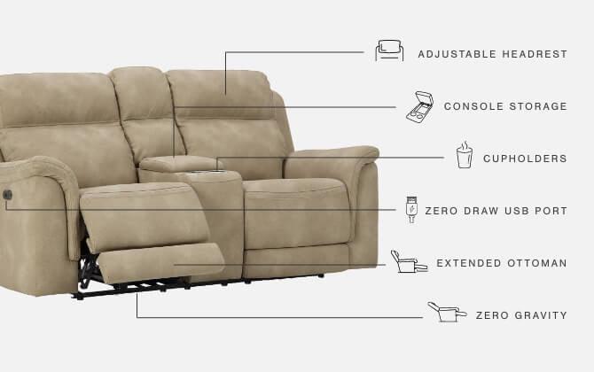 Next-gen Durapella Sand Microfiber Power Reclining Loveseat With Console - Ella Furniture