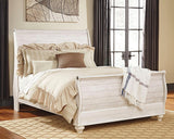 Willowton Whitewash Queen Sleigh Bed showing footboard and rails