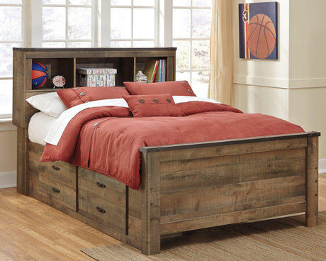 Side view of Trinell full bookcase bed highlighting footboard