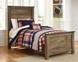 Trinell Brown Twin Panel Bed angled with rustic finish