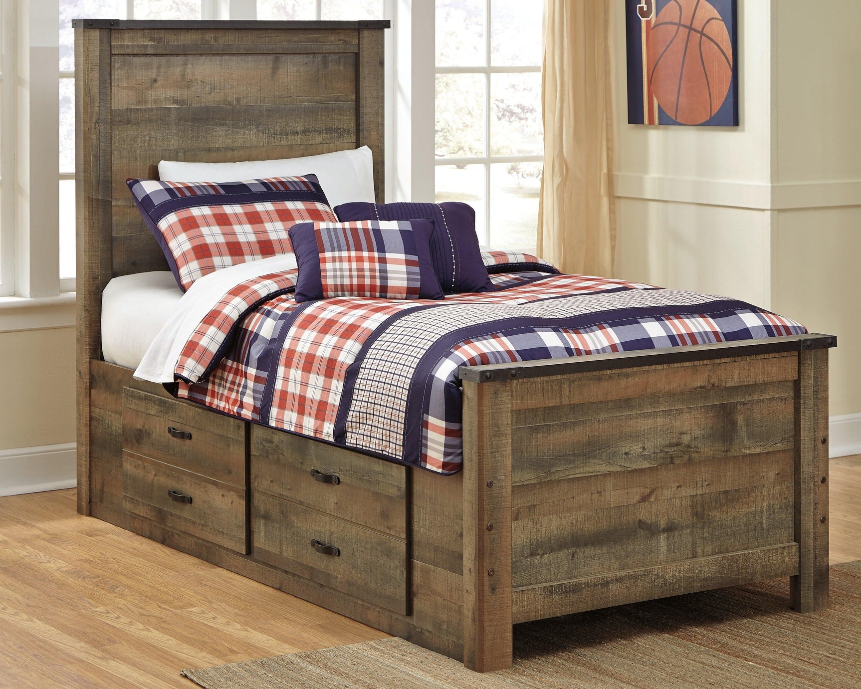 Storage drawers open on Trinell twin panel bed