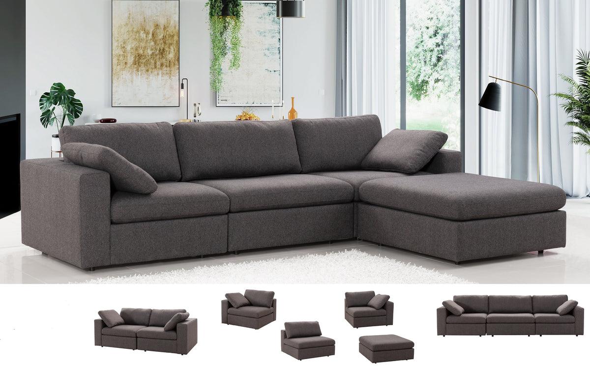Penelope Smoke ottoman side view showing velvet upholstery and wooden legs