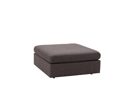 Penelope Smoke velvet ottoman front angle with dark wooden legs