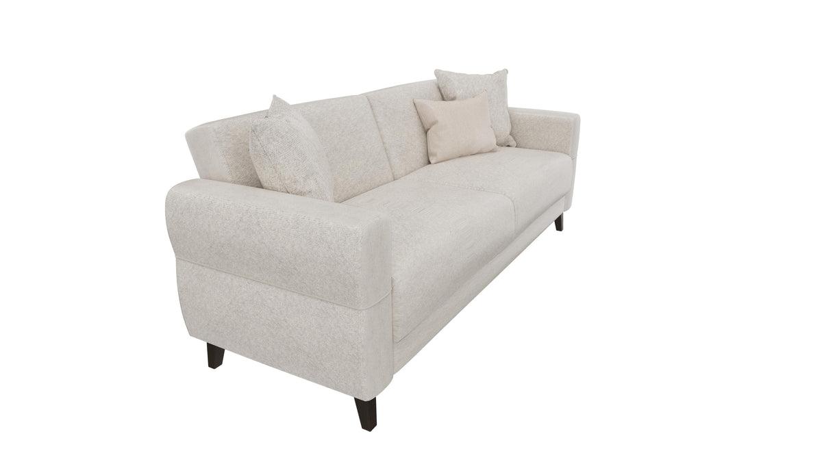 Astera Sand 3-Seater sofa bed in cream gray, side angle showing storage