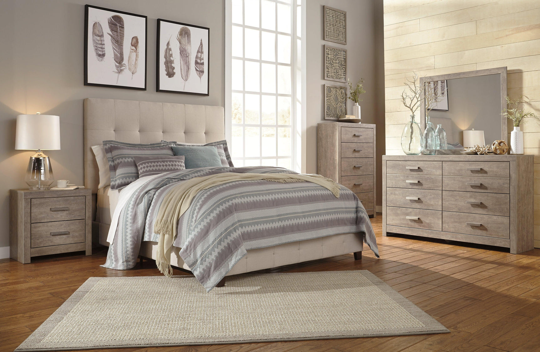 Dolante Beige Upholstered Bed bedroom setting