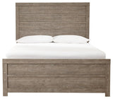 Head-on view of the gray full panel bed
