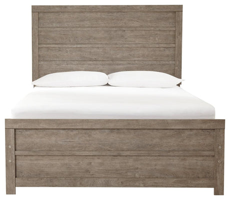 Head-on view of the gray full panel bed