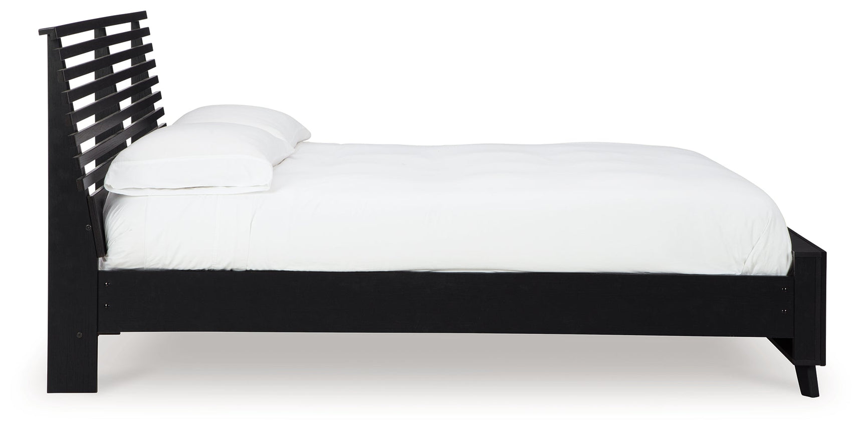 Danziar Black Queen Slat Panel Bed side angle showcasing matte finish