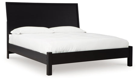 Danziar black queen panel bed angled view showing headboard and frame