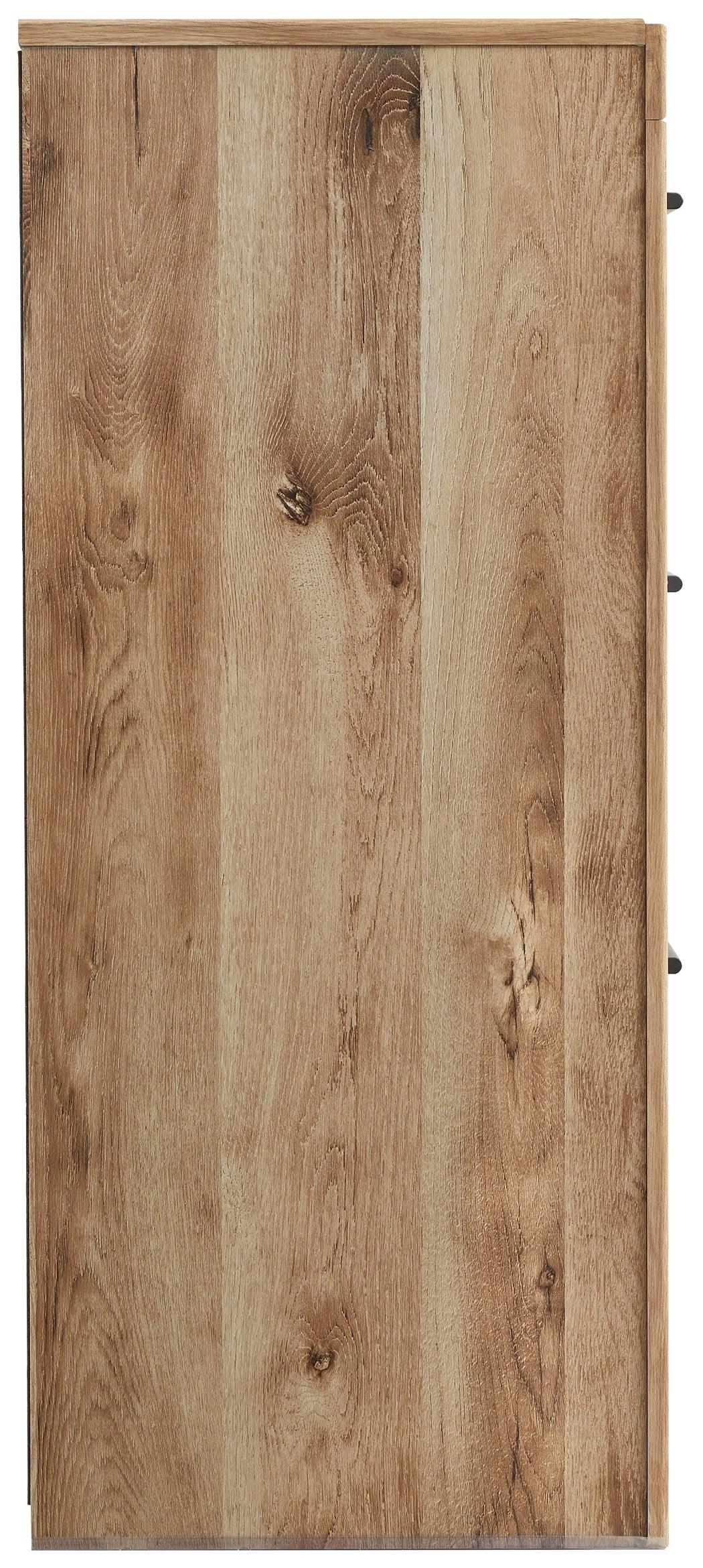 Side view of Hyanna Tan Dresser highlighting depth and design