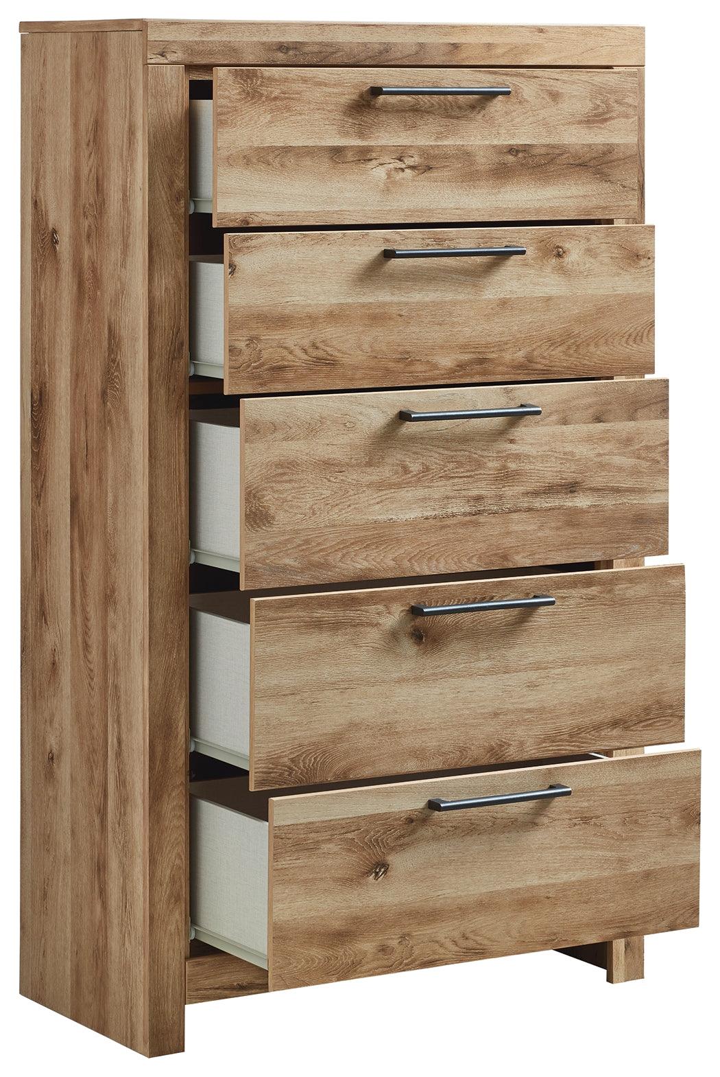 Hyanna Chest of Drawers with drawers open showing faux linen lined interior