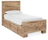 Side view of Hyanna Twin Panel Bed with 2 side storage drawers