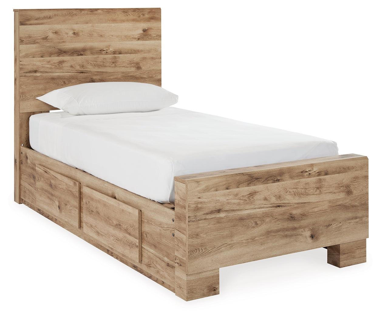 Side view of Hyanna Twin Panel Bed with 2 side storage drawers