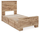 Close-up of headboard on Hyanna Tan Brown Twin Panel Bed