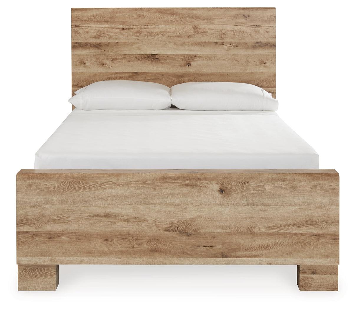Side view of Hyanna tan brown full panel bed showing storage drawers
