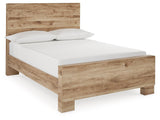 Hyanna Tan Brown Full Size Panel Bed close up on footboard