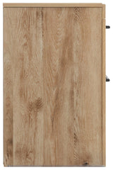 Hyanna Tan Nightstand side view with tapered legs