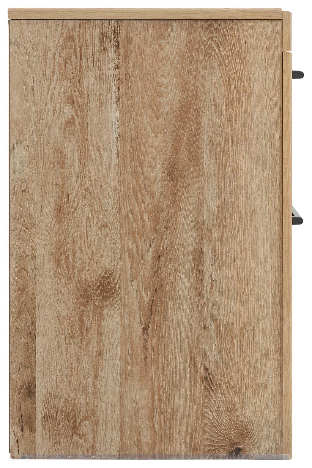 Hyanna Tan Nightstand side view with tapered legs